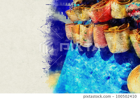 Colorful Moroccan fabrics and handmade souvenirs on the street in the blue city Chefchaouen, Morocco, Africa.. Colorful Moroccan fabrics and handmade souvenirs on the street in the blue city Chefchaouen, Morocco, Africa.. 100502410