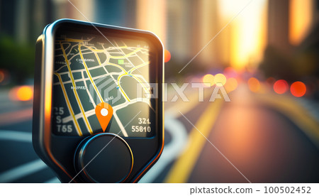 An image of gps device on city street. Generative AI 100502452
