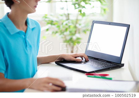 Child doing school homework. Online learning. 100502519