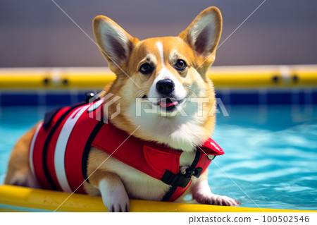 Corgi dog wearing life jacket sitting on. Stock Illustration 100502546 PIXTA