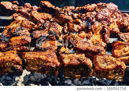 Appetizing tasty fried pieces of meat cooked on the grill Appetizing tasty fried pieces of meat cooked on the grill 100502738