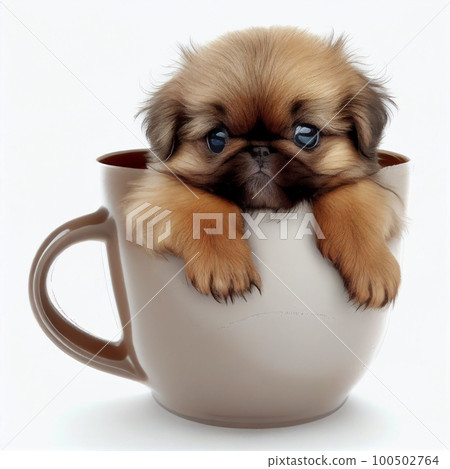 Cute adorable little pekingese dog puppy in a cup close-up. Nice lovely pet.	 100502764