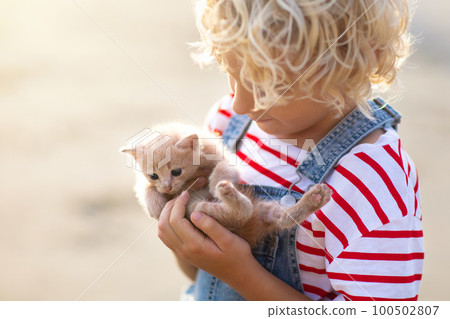 Little girl holding baby cat. Kids and pets 100502807