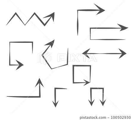 Infographic elements on isolated white background, simple arrows. Line art style. Set of different pointers and arrows. Black and white illustration. Doodles 100502930