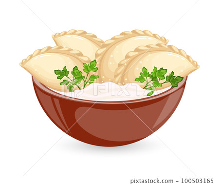 Vareniki in a bowl with sour cream and herbs. Ukrainian national cuisine. Food illustration, vector. 100503165