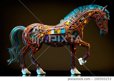 Model of horse that is made out of wires and other electrical components on black surface. Generative AI 100503253