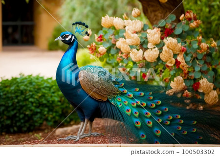 Peacock standing in front of bush with flowers in it's back yard. Generative AI 100503302