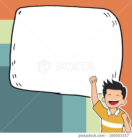 Young happy boy presenting important information and brand new agenda. Big white speech bubble for text on bright colored background. Vector drawing illustration. 100503357