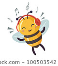 Funny bee music lover enjoys music. Cartoon bee cute character in flat style.  100503542