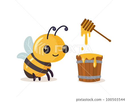 Bee loves honey. Cartoon bee cute character in flat style. Vector illustration 100503544