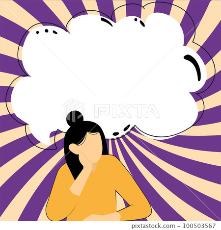 Bright color vector illustration. Girl sitting at the table and thinking about current news. Big white speech bubble presenting important information. 100503567