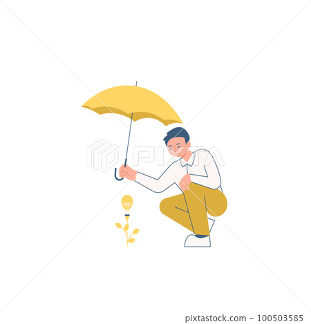 Young man holding umbrella sitting and looking at flower saving it from rain. Blank white space for text on colored background. Brand new information. Main message. 100503585