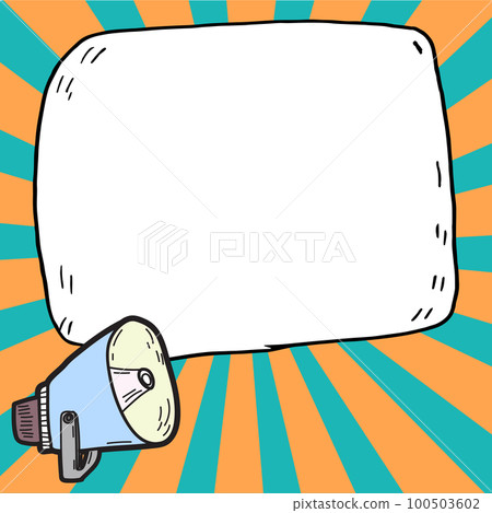 Megaphone presenting important information and brand new agenda. Big white speech bubble for text on bright colored background. Vector drawing illustration. 100503602