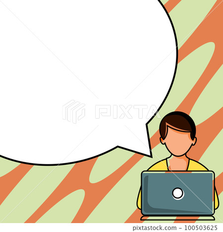 Man sitting at the table with laptop. Big white speech bubble for text overhead. Empty Dialog box on bright colored background. Vector drawing illustration. 100503625