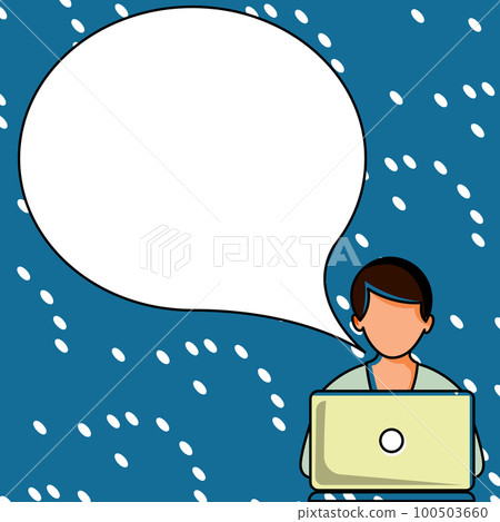 Man sitting at the table with laptop. Big white speech bubble for text overhead. Empty Dialog box on bright colored background. Vector drawing illustration. Man sitting at the table with laptop. Big white speech bubble for text overhead. Empty Dialog box on bright colored background. Vector drawing illustration. 100503660