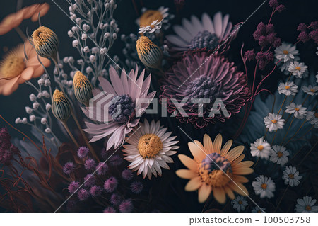Floral background. Beautiful spring flowers pattern. Blooming flowers on dark background. Design for greeting card. Created with Generative AI 100503758