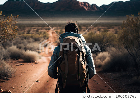 Back view of man with backpack travelling outdoors. Adventure and traveling lifestyle concept. Created with Generative AI Back view of man with backpack travelling outdoors. Adventure and traveling lifestyle concept. Created with Generative AI 100503763