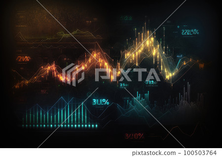 Financial digital graphs, glowing lines and diagram on digital screen. Data analytics for business strategy. Financial crisis and inflation. Created with generative AI 100503764