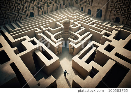 Man in maze is looking for way out. Concept of finding right solutions in life. Figure of man in labirynth with high walls. Created with Generative AI 100503765