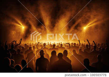 Silhouettes of people in front of concert stage, crowd of fans enjoying performance of musical group. Entertainment of people. Created with Generative AI 100503778