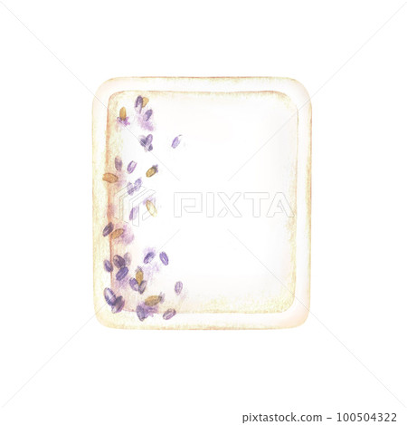 Watercolor illustration. Soap with lavender flowers. Isolated on a white background. Solid bar of beige soap with purple herbs. For the design of spa booklets, business cards, beauty postcards 100504322