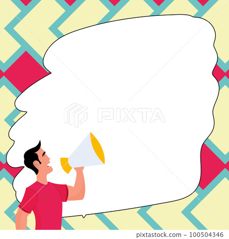 Man holding megaphone in hand and presenting important information. Big white dialog box with main message on bright background. Color vector illustration. Man holding megaphone in hand and presenting important information. Big white dialog box with main message on bright background. Color vector illustration. 100504346