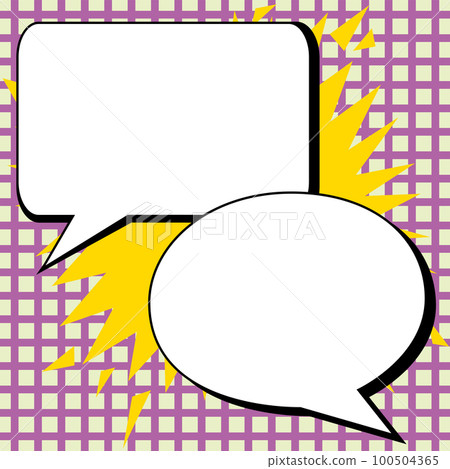 Two big white empty speech bubbles for text. Square and oval dialog boxes on bright colored background. Comic funny style cartoon. Vector illustration. Two big white empty speech bubbles for text. Square and oval dialog boxes on bright colored background. Comic funny style cartoon. Vector illustration. 100504365