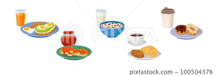 Breakfast Meal and Tasty Served Morning Food and Drinks Vector Set 100504376
