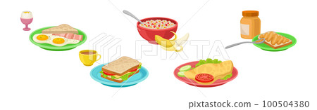 Breakfast Meal and Tasty Served Morning Food and Drinks Vector Set Breakfast Meal and Tasty Served Morning Food and Drinks Vector Set 100504380