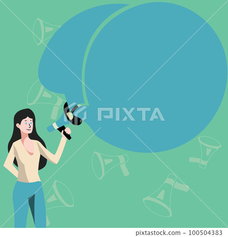 Lady In Uniform Standing Holding Megaphone Presenting Late Tech Knowledge. Business Woman Showing New Futuristic Technologies. Colored speech bubble with main message. Lady In Uniform Standing Holding Megaphone Presenting Late Tech Knowledge. Business Woman Showing New Futuristic Technologies. Colored speech bubble with main message. 100504383