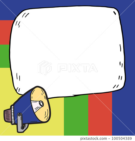 Megaphone presenting important information and brand new agenda. Big white speech bubble for text on bright colored background. Vector drawing illustration. 100504389