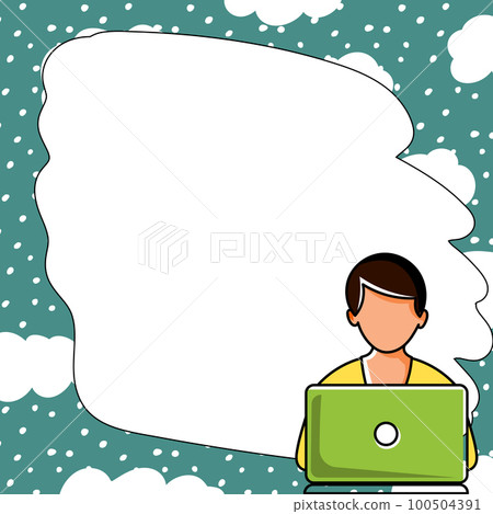 Man sitting at the table with laptop. Big white speech bubble for text overhead. Empty Dialog box on bright colored background. Vector drawing illustration. 100504391