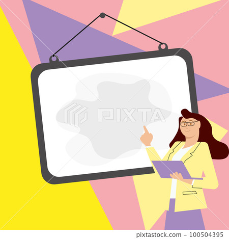Woman in office uniform standing near school whiteboard presenting important information. Empty space for text. White speech bubble on bright colored background. Woman in office uniform standing near school whiteboard presenting important information. Empty space for text. White speech bubble on bright colored background. 100504395