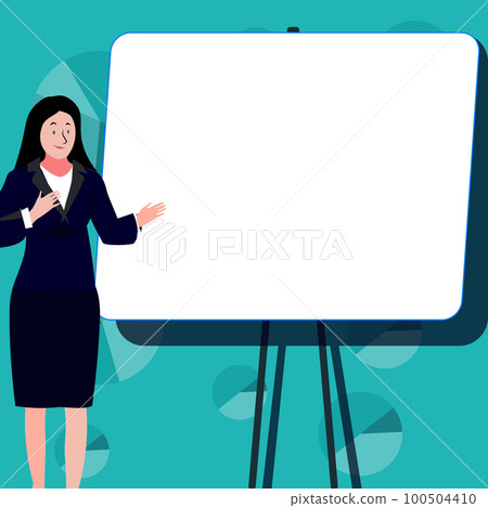 Woman in office presenting main message on the big white shcool board. Bright coloured illustration with main message. Empty place for important imformation. 100504410