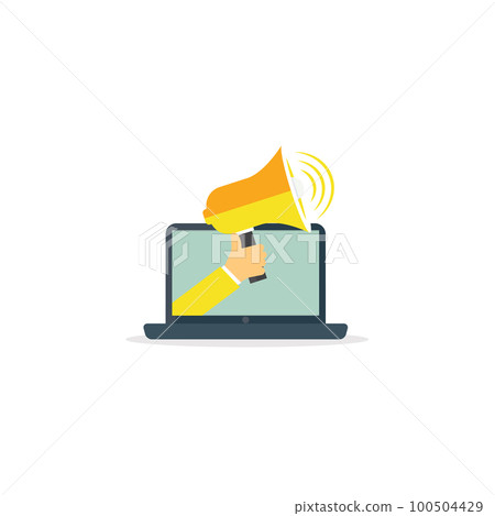 Hand Holding A Megaphone From The Laptop Screen. Horn Speaker Announces Important News And Alerts On Blank Background Of Paper Sheet. Space For Text Hand Holding A Megaphone From The Laptop Screen. Horn Speaker Announces Important News And Alerts On Blank Background Of Paper Sheet. Space For Text 100504429