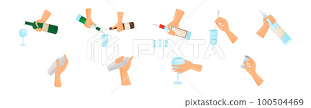 Bartender Hands Pouring and Mixing Cocktails in Glass Vector Set 100504469