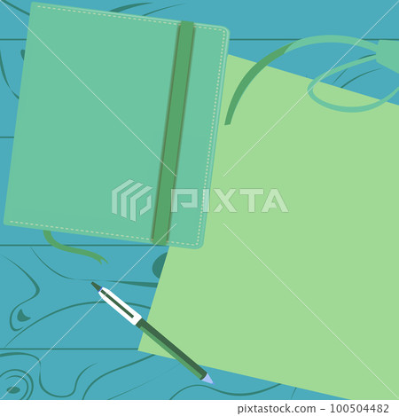 Notebook laying on desk. Blank paper near books. Bright colored vector illustration. Pencil, pen, different school office supplies. Empty space for advertising. 100504482