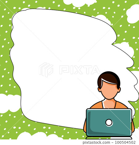 Man sitting at the table with laptop. Big white speech bubble for text overhead. Empty Dialog box on bright colored background. Vector drawing illustration. Man sitting at the table with laptop. Big white speech bubble for text overhead. Empty Dialog box on bright colored background. Vector drawing illustration. 100504502