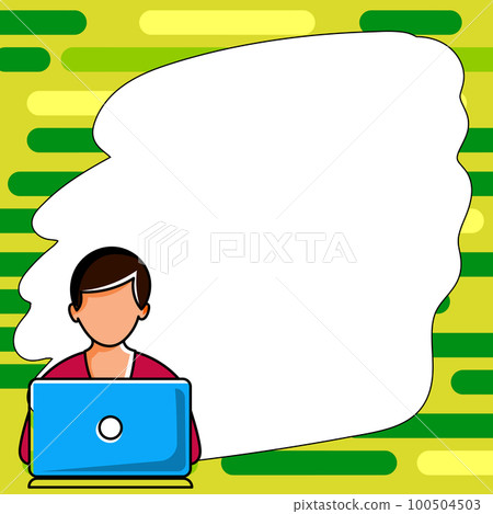 Man sitting at the table with laptop. Big white speech bubble for text overhead. Empty Dialog box on bright colored background. Vector drawing illustration. Man sitting at the table with laptop. Big white speech bubble for text overhead. Empty Dialog box on bright colored background. Vector drawing illustration. 100504503