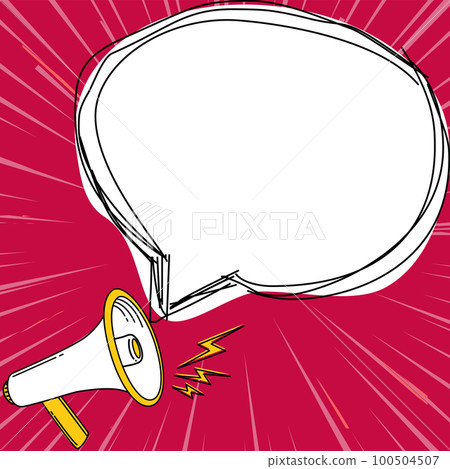 Megaphone presenting important information and brand new agenda. Big white speech bubble for text on bright colored background. Vector drawing illustration. 100504507