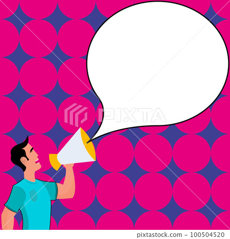 Man holding megaphone in hand and presenting important information. Big white dialog box with main message on bright background. Color vector illustration. Man holding megaphone in hand and presenting important information. Big white dialog box with main message on bright background. Color vector illustration. 100504520