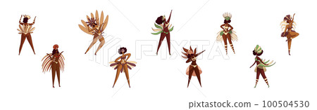 Brazilian Dark Skinned Samba Dancer in Feathered Costume Vector Set Brazilian Dark Skinned Samba Dancer in Feathered Costume Vector Set 100504530