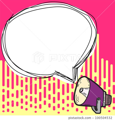Megaphone presenting important information and brand new agenda. Big white speech bubble for text on bright colored background. Vector drawing illustration. 100504532