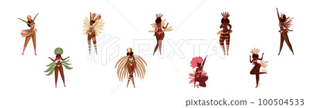 Brazilian Dark Skinned Samba Dancer in Feathered Costume Vector Set 100504533