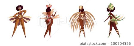Brazilian Dark Skinned Samba Dancer in Feathered Costume Vector Set Brazilian Dark Skinned Samba Dancer in Feathered Costume Vector Set 100504536