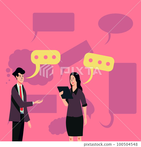 Man and woman discussing current news. Two white dialog bubbles over the head. Bright coloured illustration with main message. People in office talking about agenda. 100504548