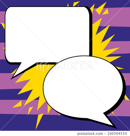 Two big white empty speech bubbles for text. Square and oval dialog boxes on bright colored background. Comic funny style cartoon. Vector illustration. Two big white empty speech bubbles for text. Square and oval dialog boxes on bright colored background. Comic funny style cartoon. Vector illustration. 100504554