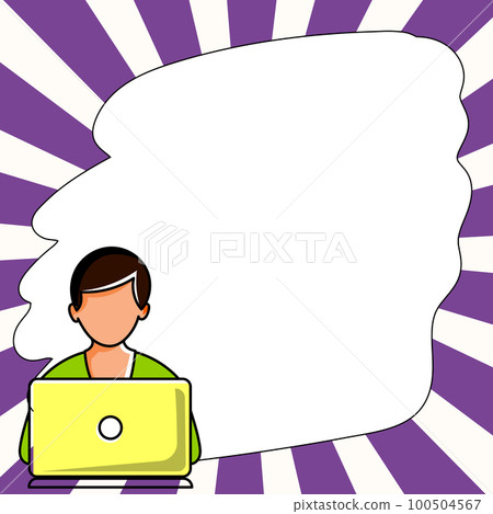 Man sitting at the table with laptop. Big white speech bubble for text overhead. Empty Dialog box on bright colored background. Vector drawing illustration. Man sitting at the table with laptop. Big white speech bubble for text overhead. Empty Dialog box on bright colored background. Vector drawing illustration. 100504567