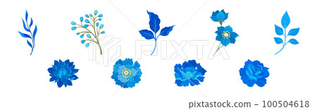 Blue Flowers and Floral Leafy Twigs Decorative Elements Vector Set 100504618