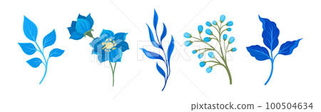 Blue Flowers and Floral Leafy Twigs Decorative Elements Vector Set 100504634